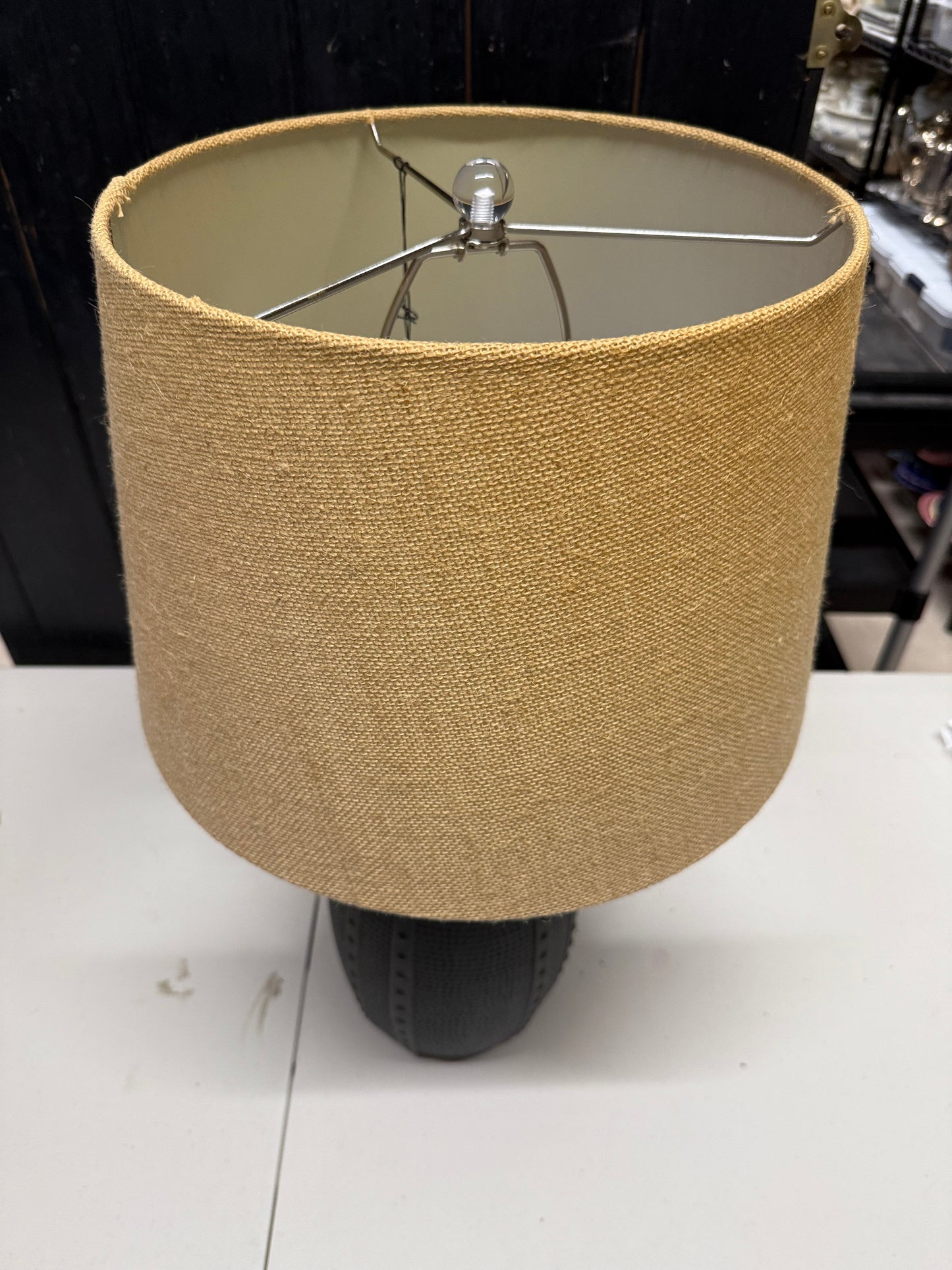 Primitive Dark Satin Table Lamp with Flour Sack Shade