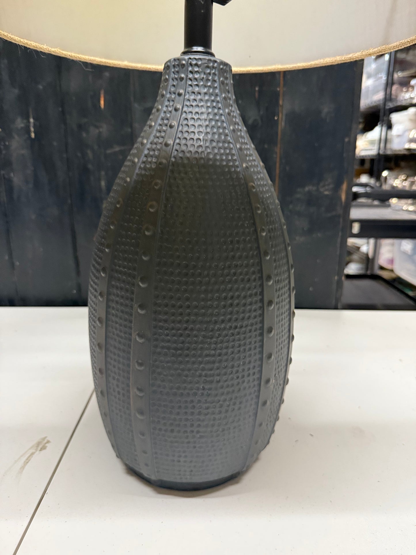Primitive Dark Satin Table Lamp with Flour Sack Shade