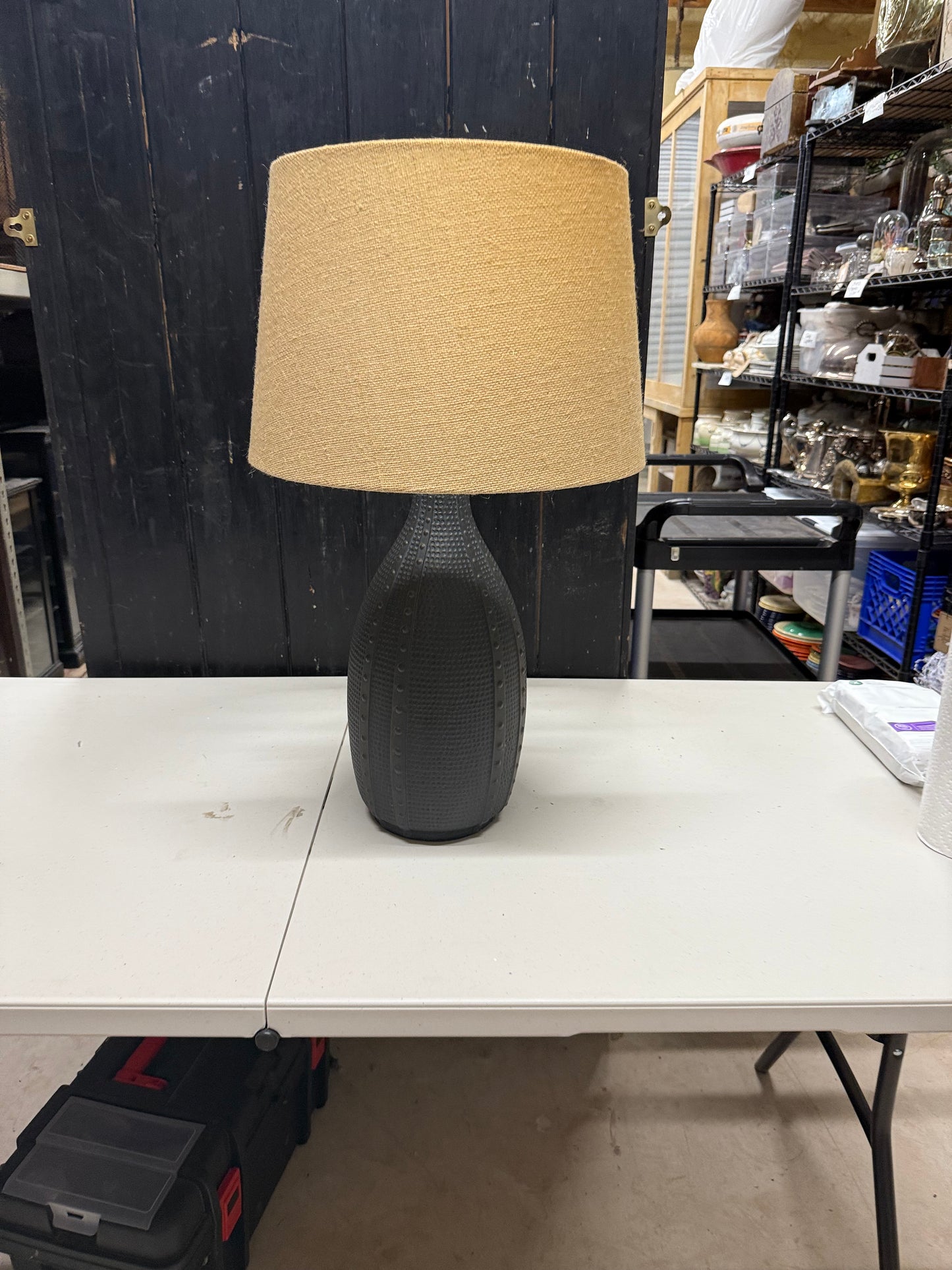 Primitive Dark Satin Table Lamp with Flour Sack Shade