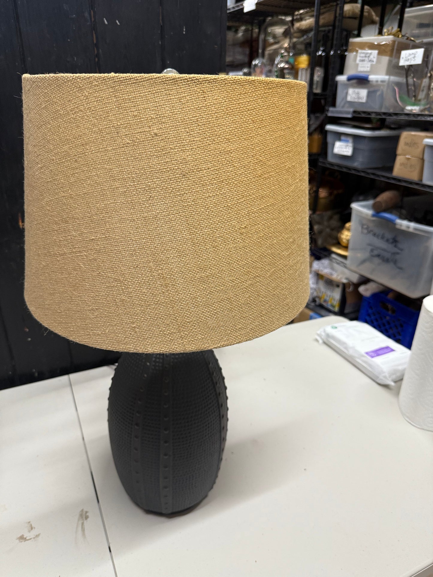 Primitive Dark Satin Table Lamp with Flour Sack Shade
