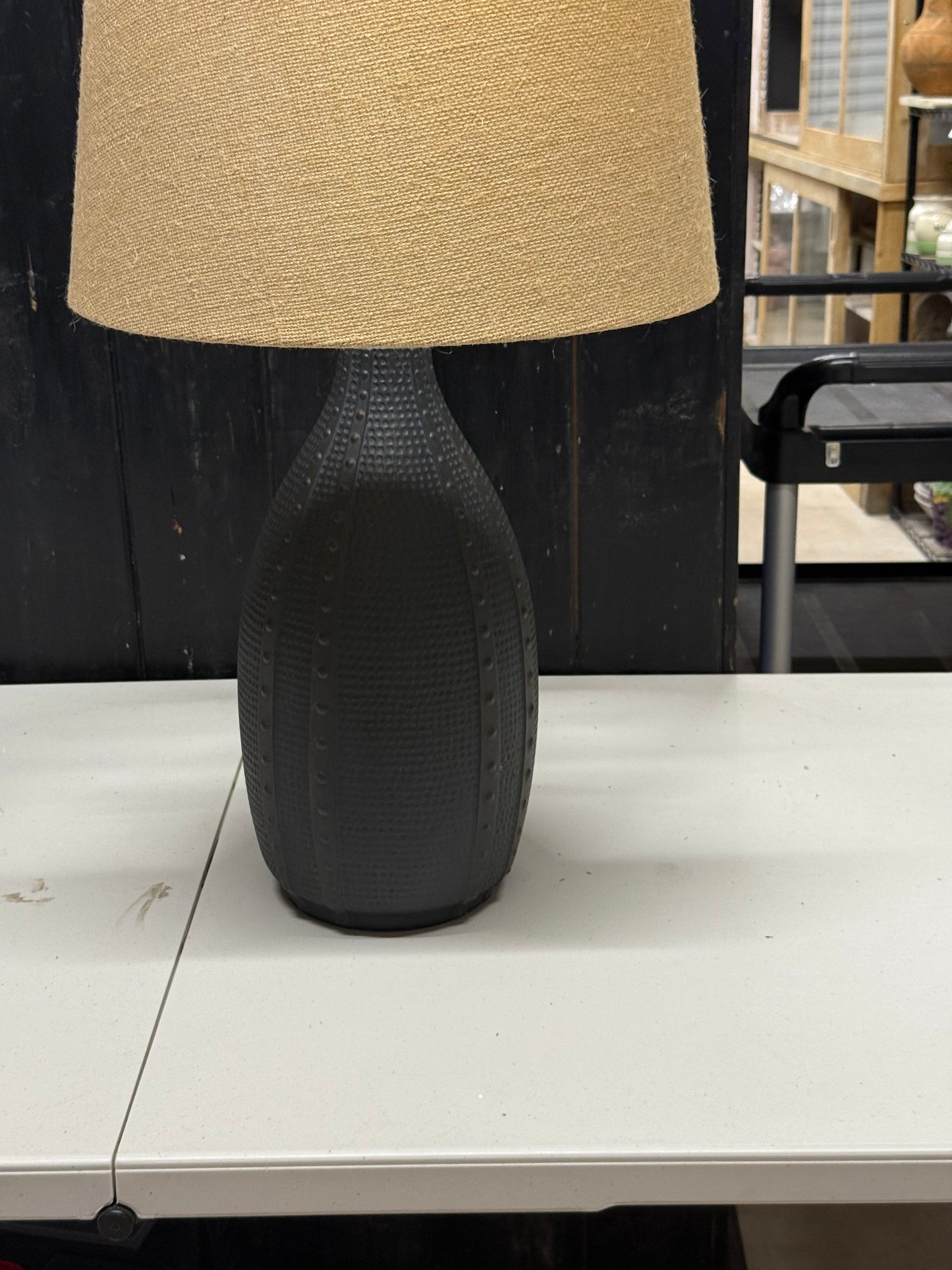 Primitive Dark Satin Table Lamp with Flour Sack Shade