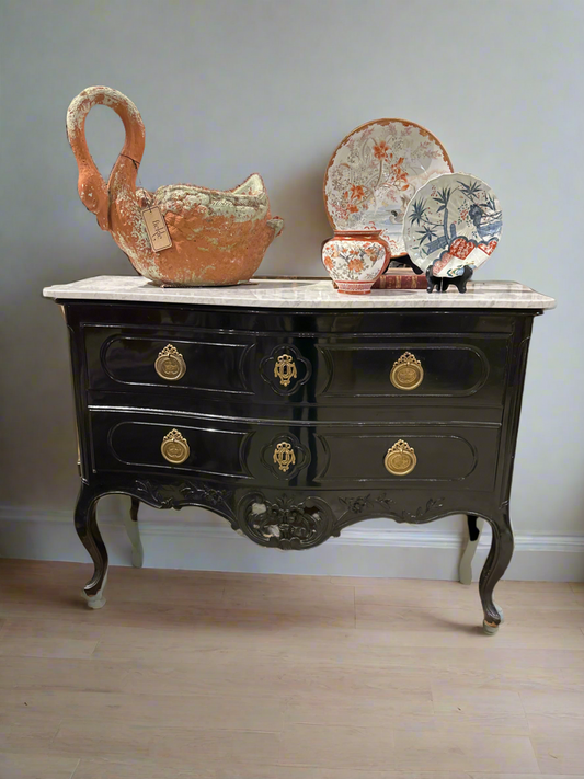 Black Dresser with Brass Handles White Marble Top Front Door Opening