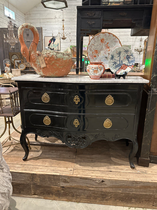 Black Dresser with Brass Handles White Marble Top Front Door Opening