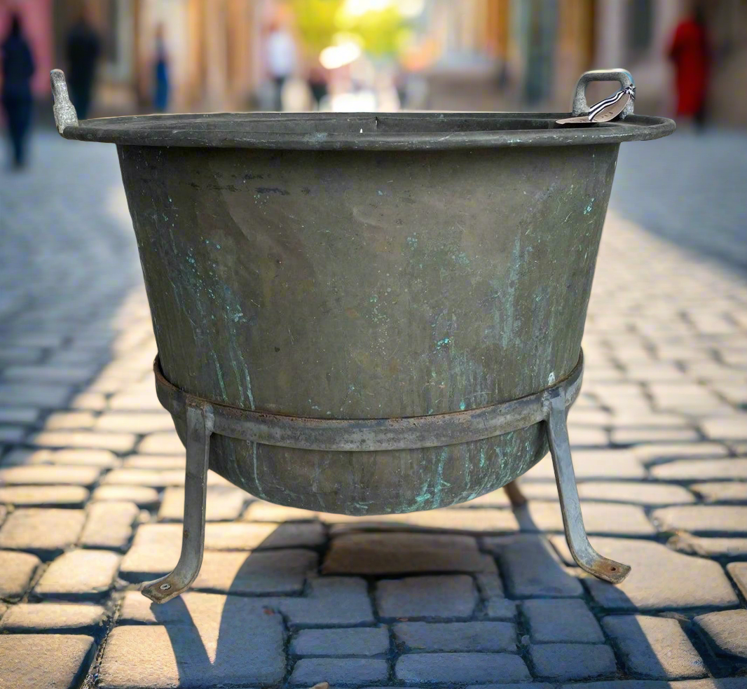 Late 19th Century Copper Cauldron Pot Planter With Stand - Large