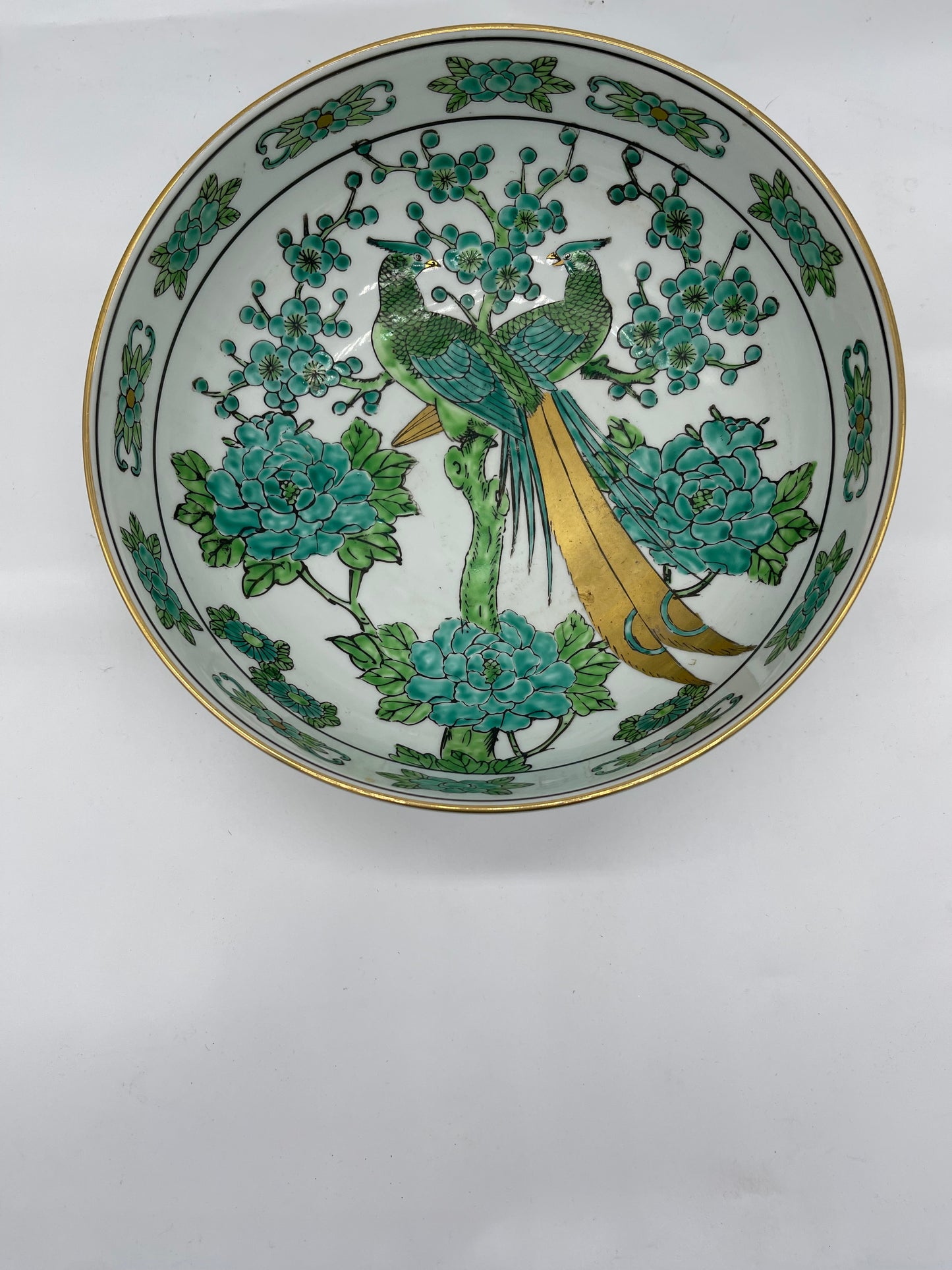 Mid-Century Japanese Gold Imari Green & Gold Porcelain Double Peacock Hand Painted Serving Bowl