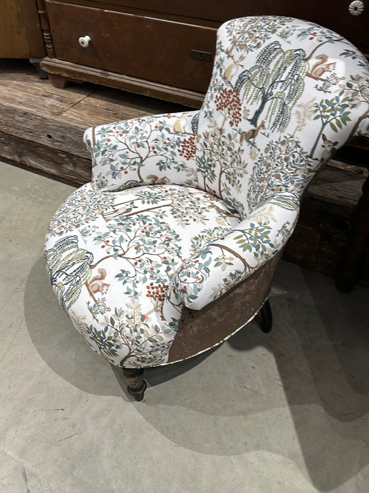 French Parlor Chair with Whimsical Animal Motif Fabric and Brown Velvet