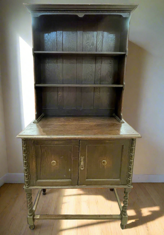 Antique English Oak Welsh Plate Sideboard Barley Twist Petite C. 1920s