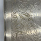 Exceptional footed silver tray with wooden serving handles and bird and floral engraving scene