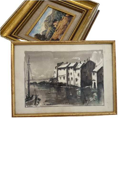 Vintage European Harbor Watercolor Signed – Framed (8”H x 11”W)