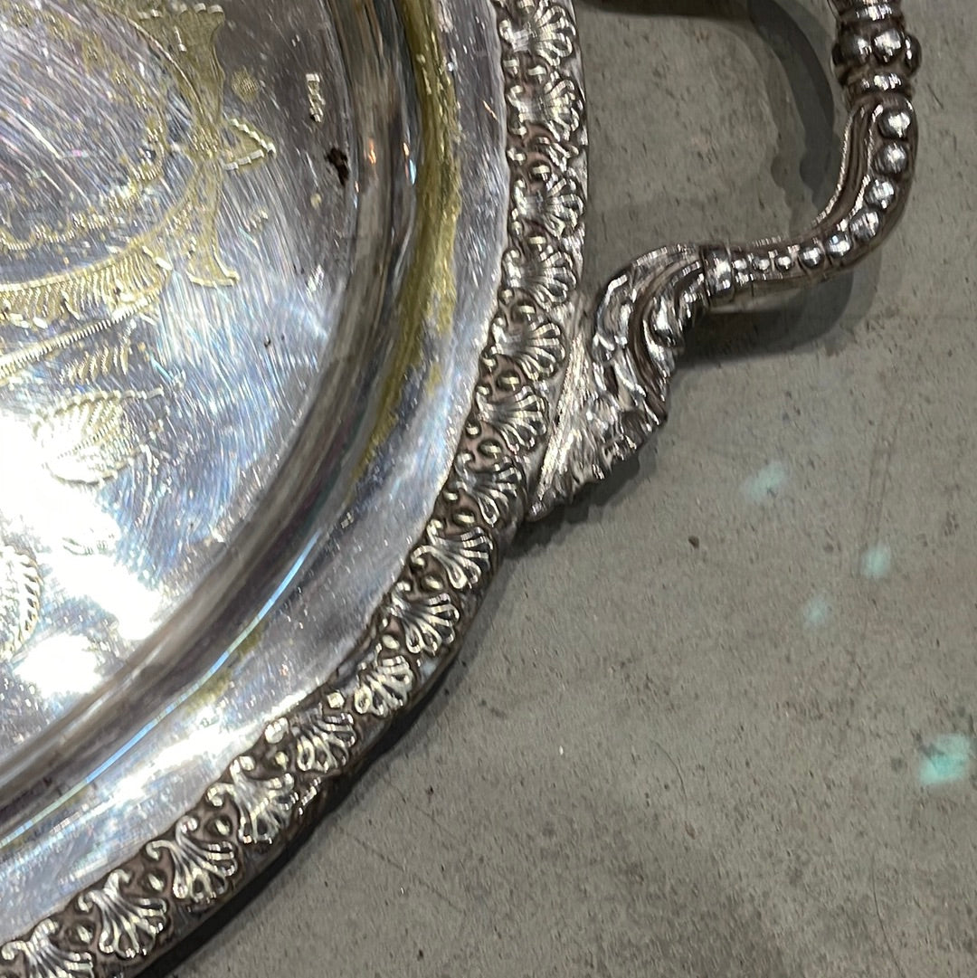 English Late 1800s Heavy Gauge Silver Plate Oval Engraved Tray