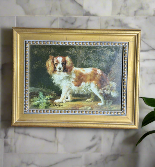 Small European School Oil on Board Signed L. Maher: King Charles Spaniel