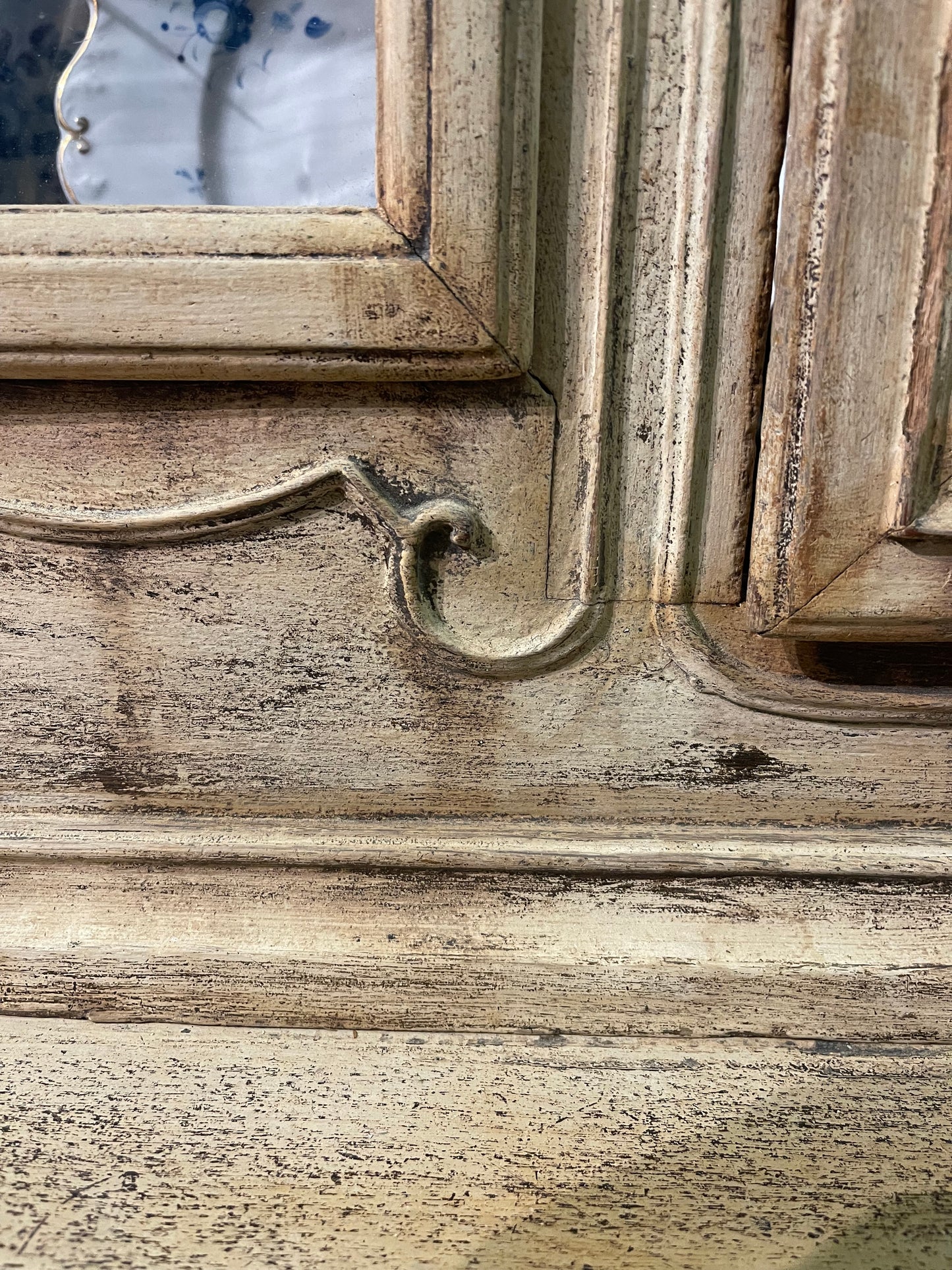 19th Century French Hutch with Glass Doors 3 Drawers with Brass Handles Blue Inside