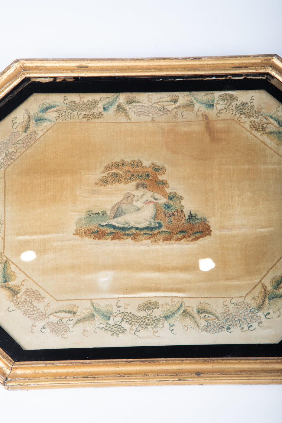 Framed Embroidered Silk Tapestry of Little Bo Peep C 1850