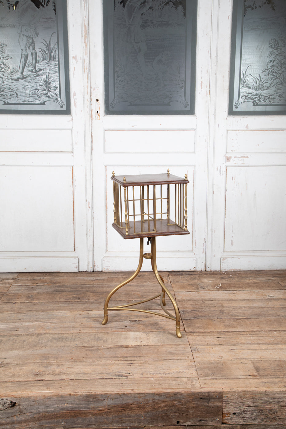 Brass and Wood Revolving Bookcase Square 3 Legs