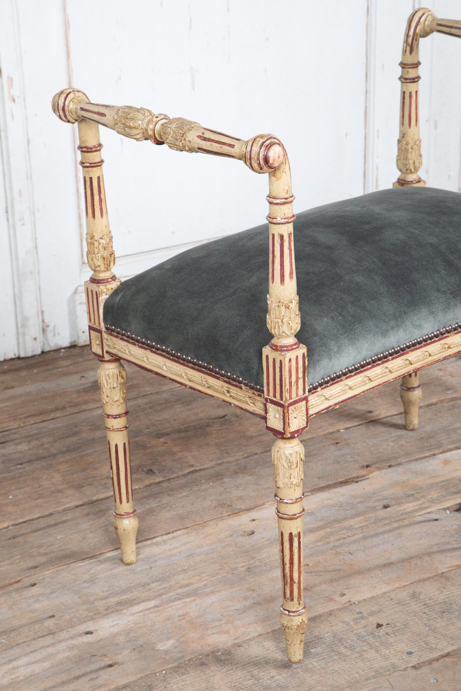 Louis XVI Original Painted Upholstered Stool with Raised Ends