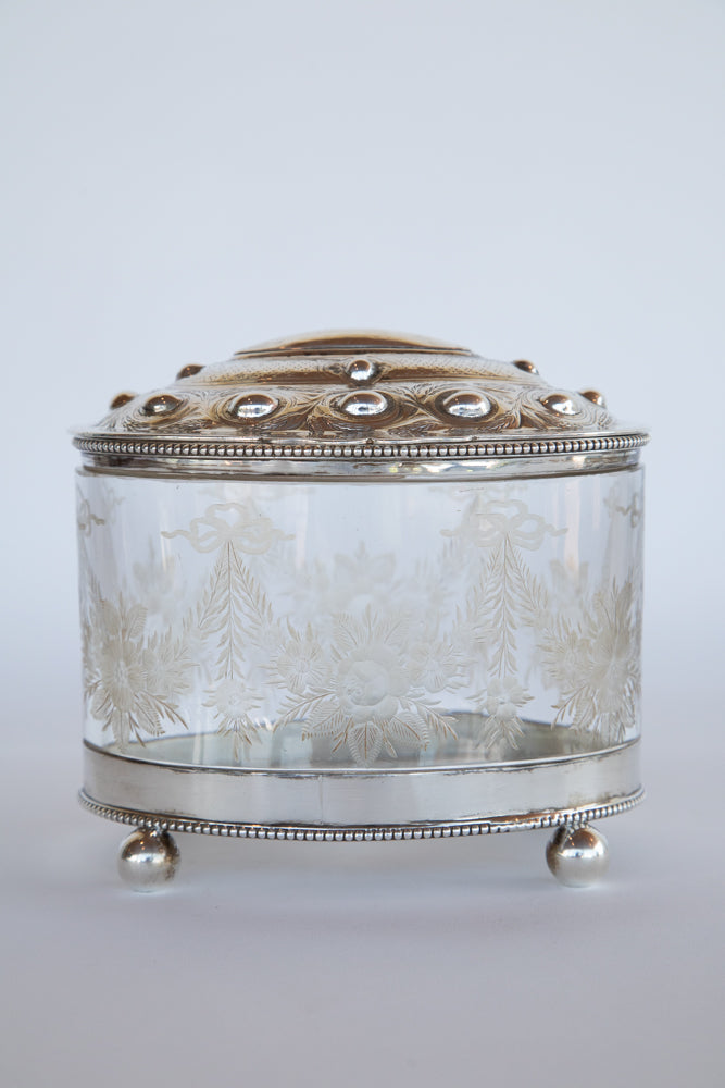 Glass and Silver Biscuit Box with Queen Victoria Stamp