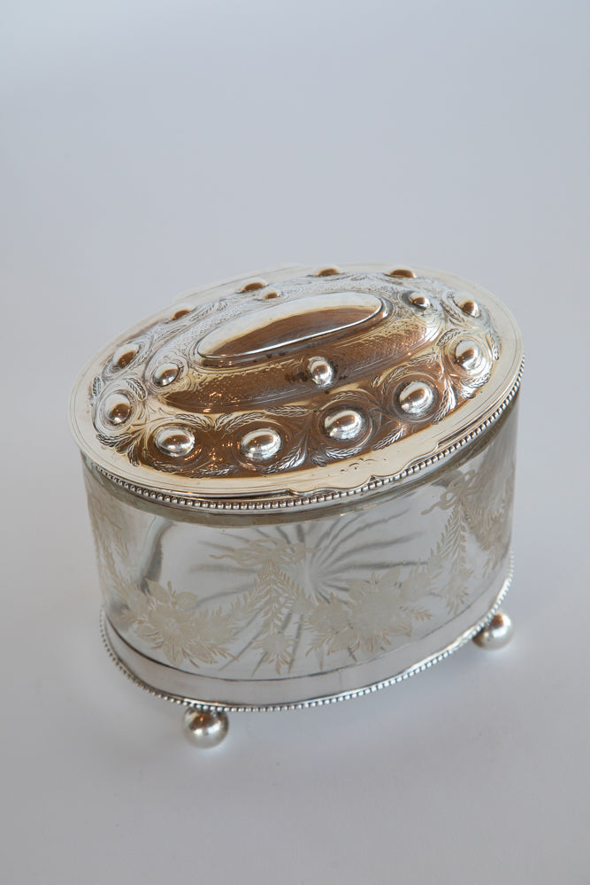 Glass and Silver Biscuit Box with Queen Victoria Stamp