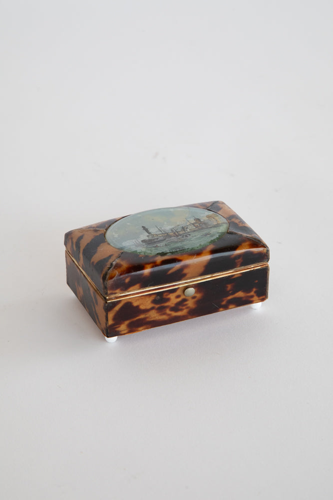 Faux Tortoise Shell Box with Harbor Scene