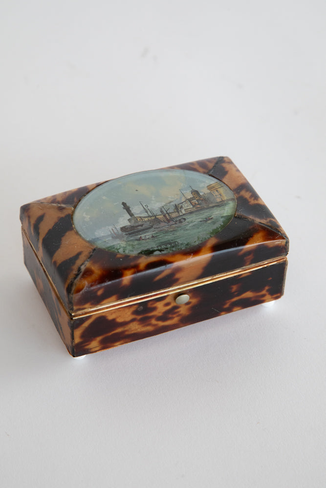 Faux Tortoise Shell Box with Harbor Scene