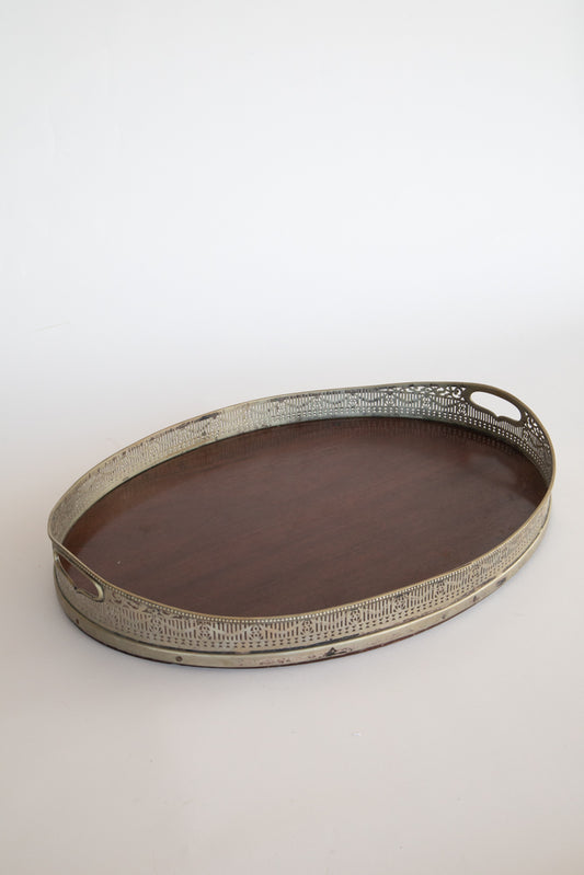 Wood and Silver Plate Lunch Tray