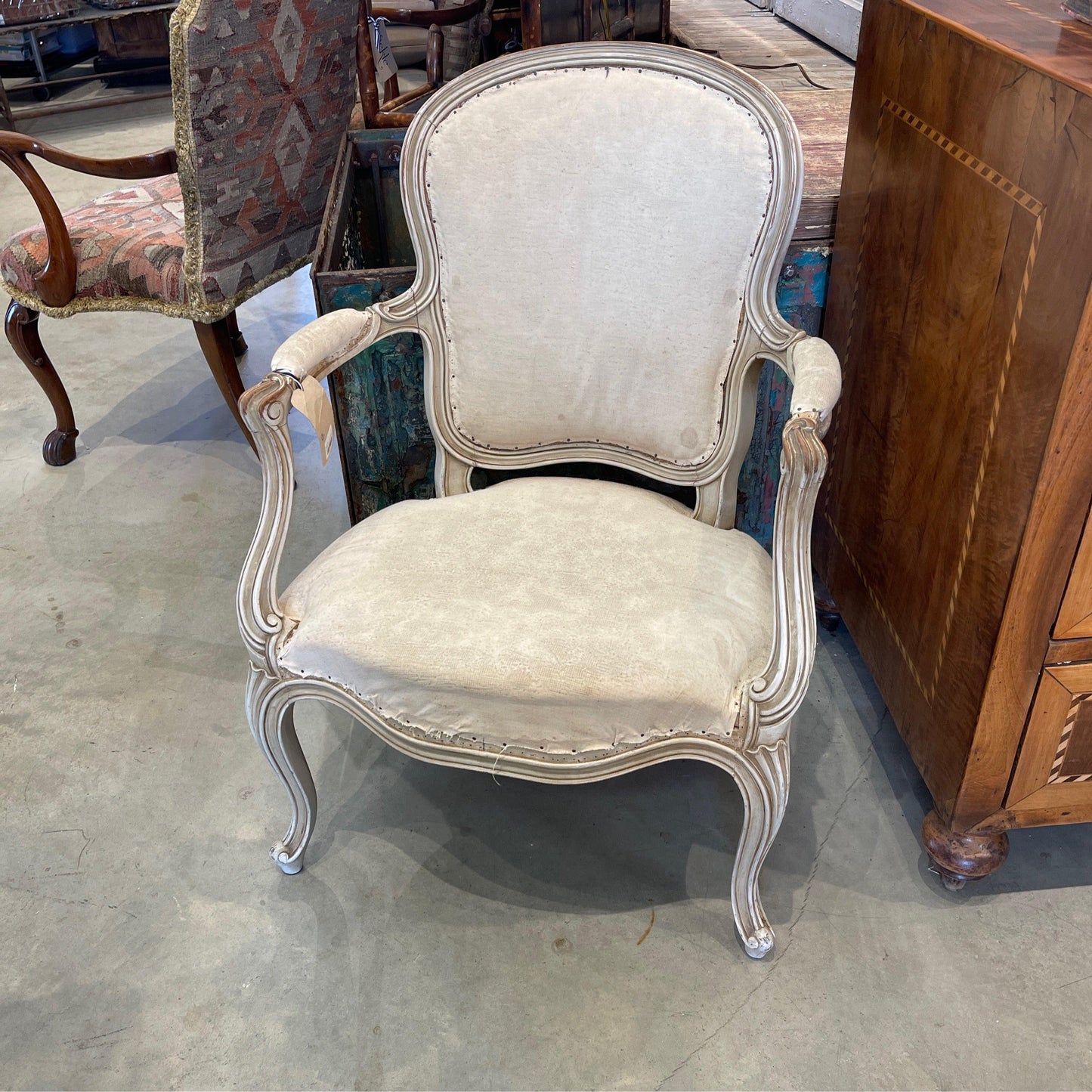 Distressed Louis XVI Oval Back Arm Chair - The White Barn Antiques